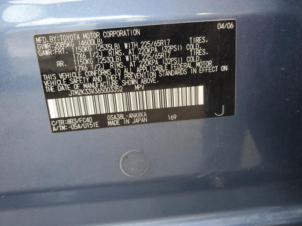 2006 Toyota Rav4 VIN: JTMZK33V365003352 Lot: 82470345