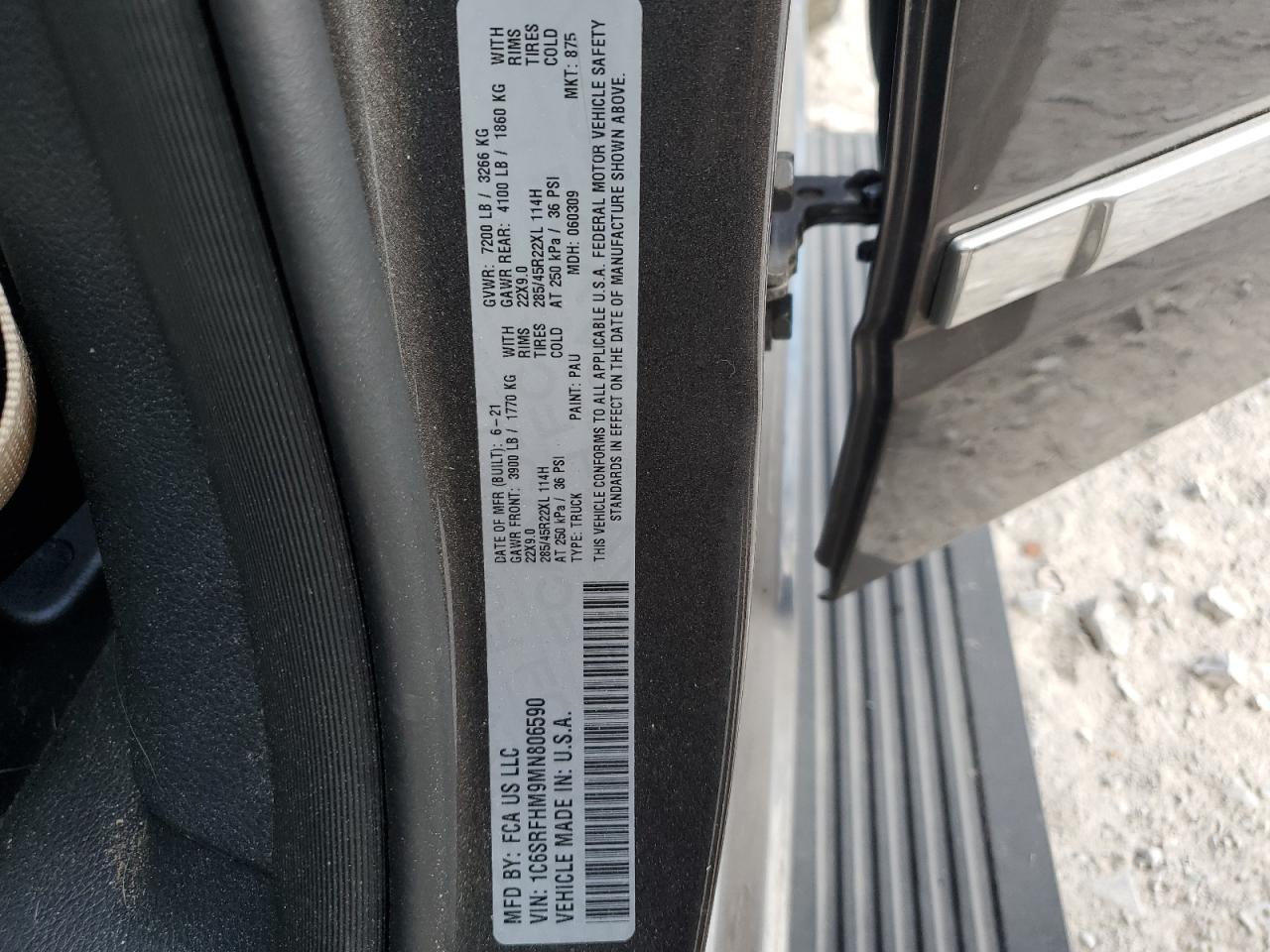 2021 Ram 1500 Limited VIN: 1C6SRFHM9MN806590 Lot: 85344005