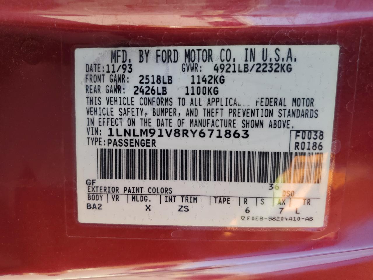 1994 Lincoln Mark Viii VIN: 1LNLM91V8RY671863 Lot: 85372305