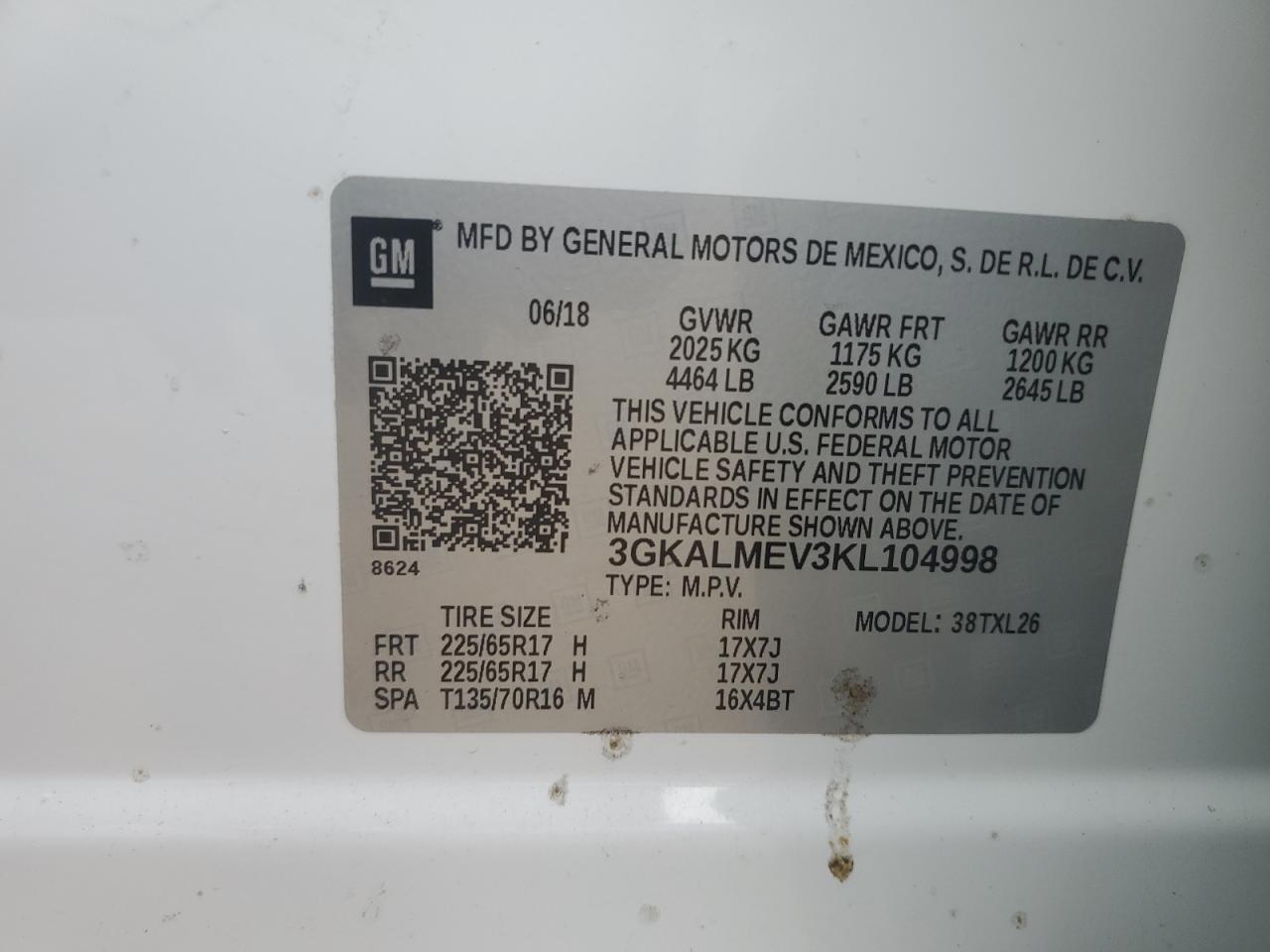 2019 GMC Terrain Sle VIN: 3GKALMEV3KL104998 Lot: 87212515