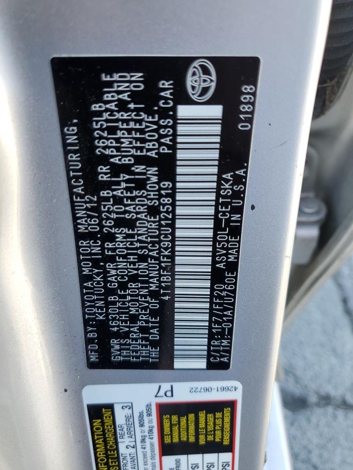 2012 Toyota Camry Base VIN: 4T1BF1FK9CU125819 Lot: 82407235