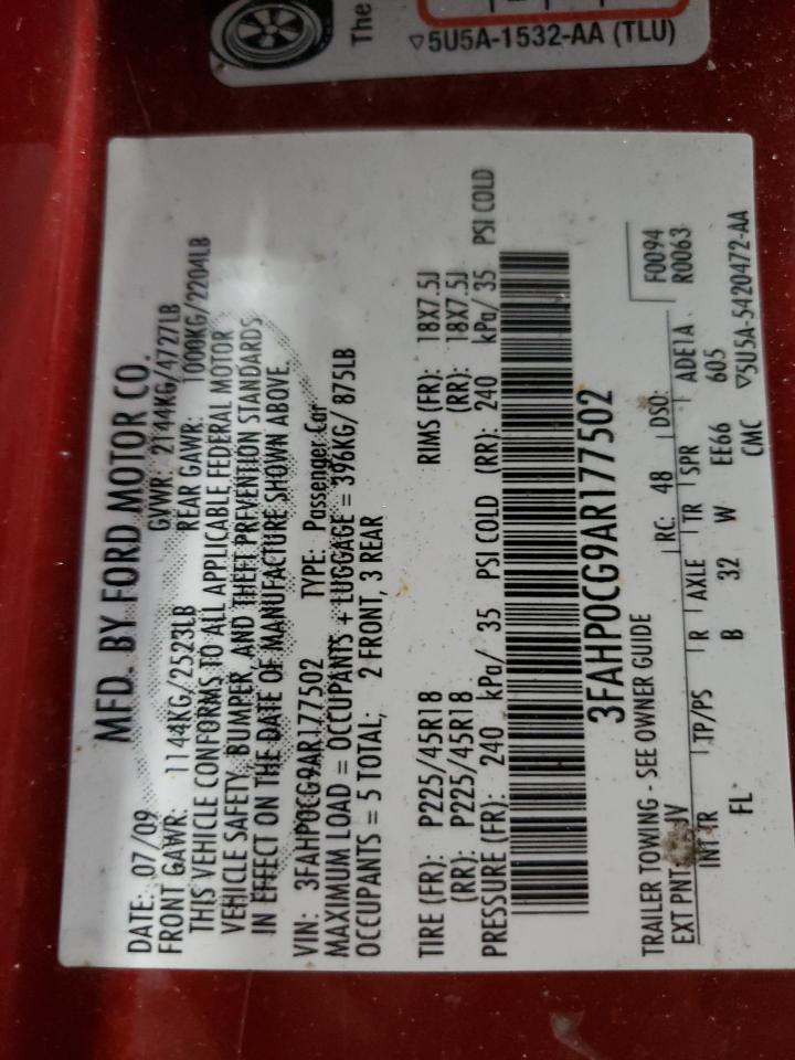 2010 Ford Fusion Sel VIN: 3FAHP0CG9AR177502 Lot: 90403055