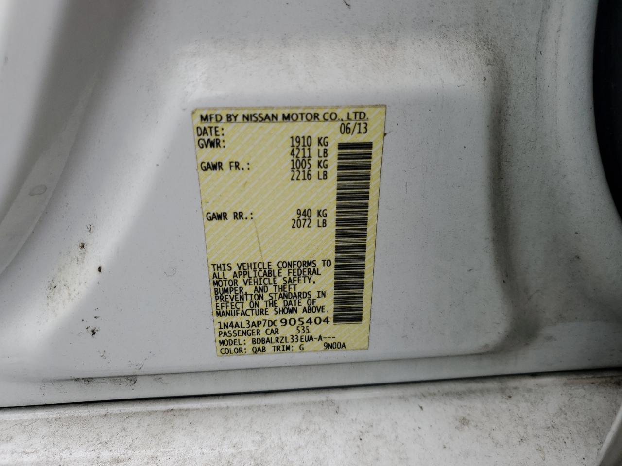 2013 Nissan Altima 2.5 VIN: 1N4AL3AP7DC905404 Lot: 86687805