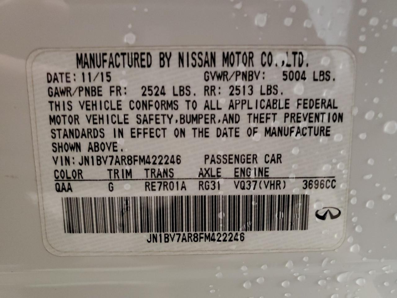 2015 Infiniti Q50 Base VIN: JN1BV7AR8FM422246 Lot: 85893395
