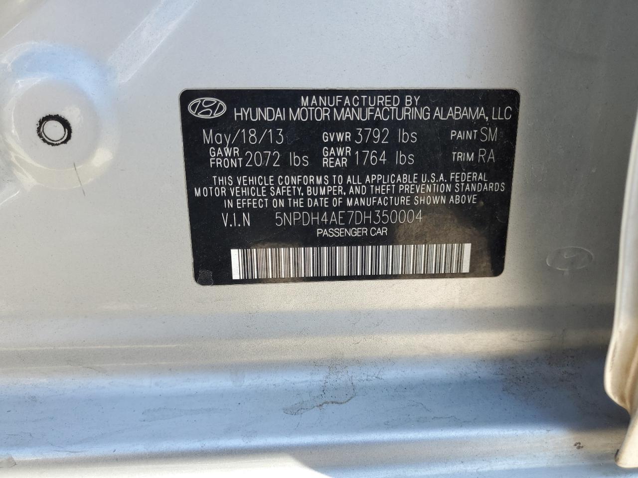 2013 Hyundai Elantra Gls VIN: 5NPDH4AE7DH350004 Lot: 85943295