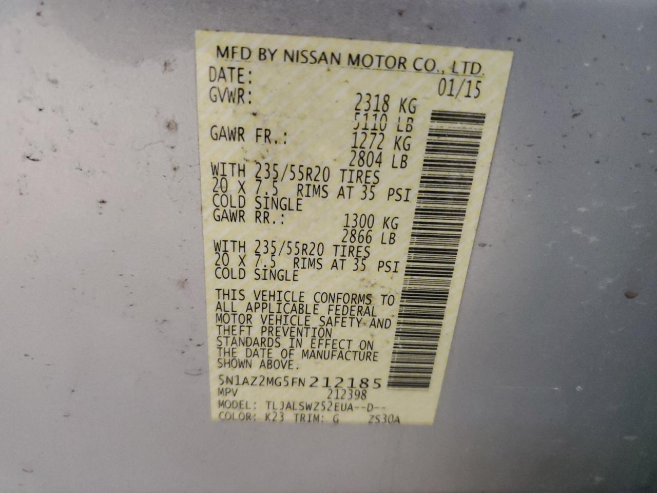 2015 Nissan Murano S VIN: 5N1AZ2MG5FN212185 Lot: 84782235