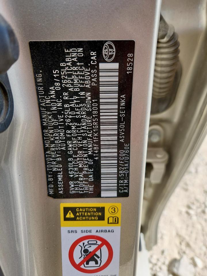 2016 Toyota Camry Le VIN: 4T4BF1FK1GR518001 Lot: 85900895