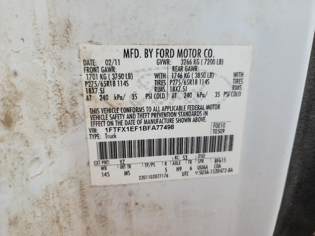 2011 Ford F150 Super Cab VIN: 1FTFX1EF1BFA77498 Lot: 87434555