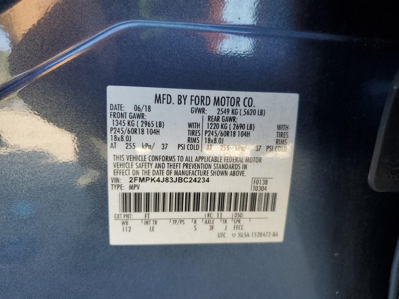 2018 Ford Edge Sel VIN: 2FMPK4J83JBC24234 Lot: 85351235