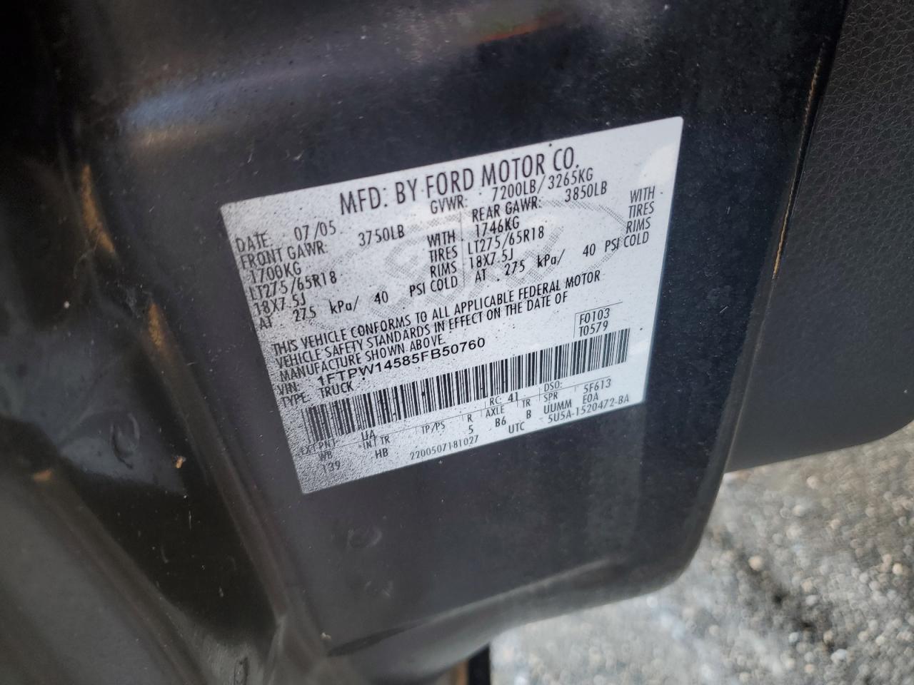 2005 Ford F150 Supercrew VIN: 1FTPW14585FB50760 Lot: 90702605