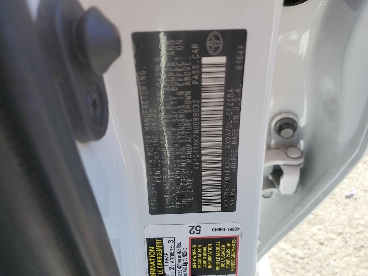 2022 Toyota Camry Se VIN: 4T1G11AK7NU689032 Lot: 85176365