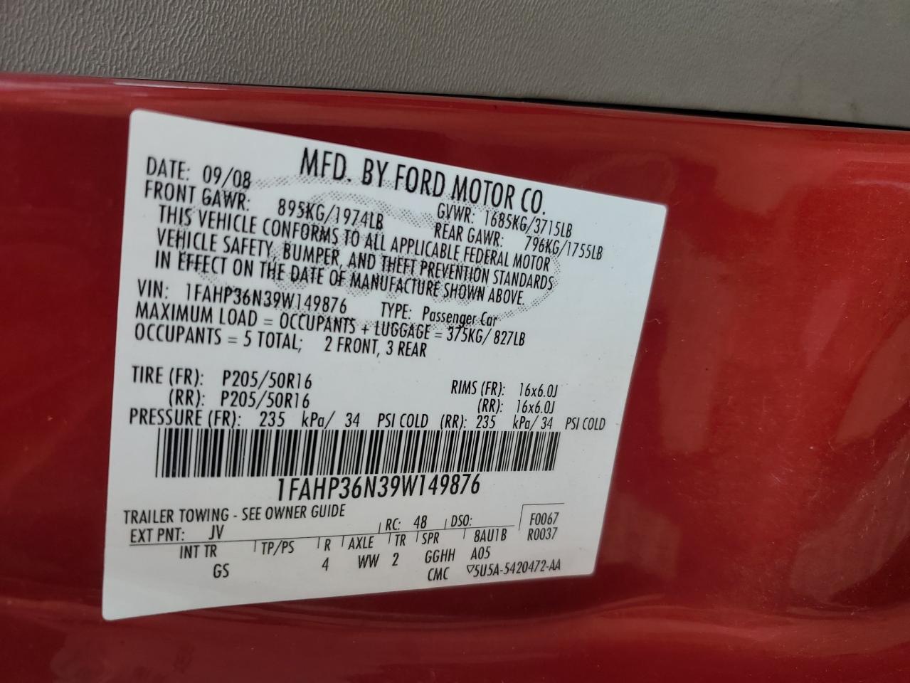 2009 Ford Focus VIN: 1FAHP36N39W149876 Lot: 86089735