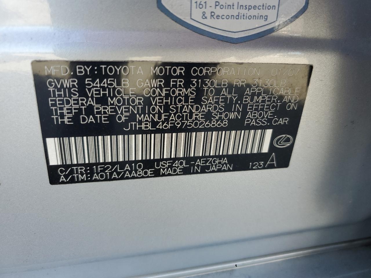 2007 Lexus Ls 460 VIN: JTHBL46F975026868 Lot: 85175855