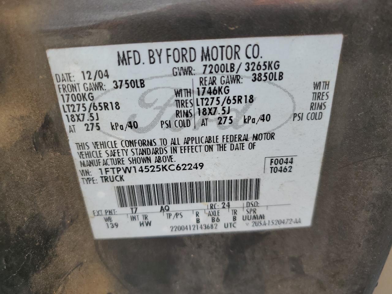 2005 Ford F150 Supercrew VIN: 1FTPW14525KC62249 Lot: 85305365