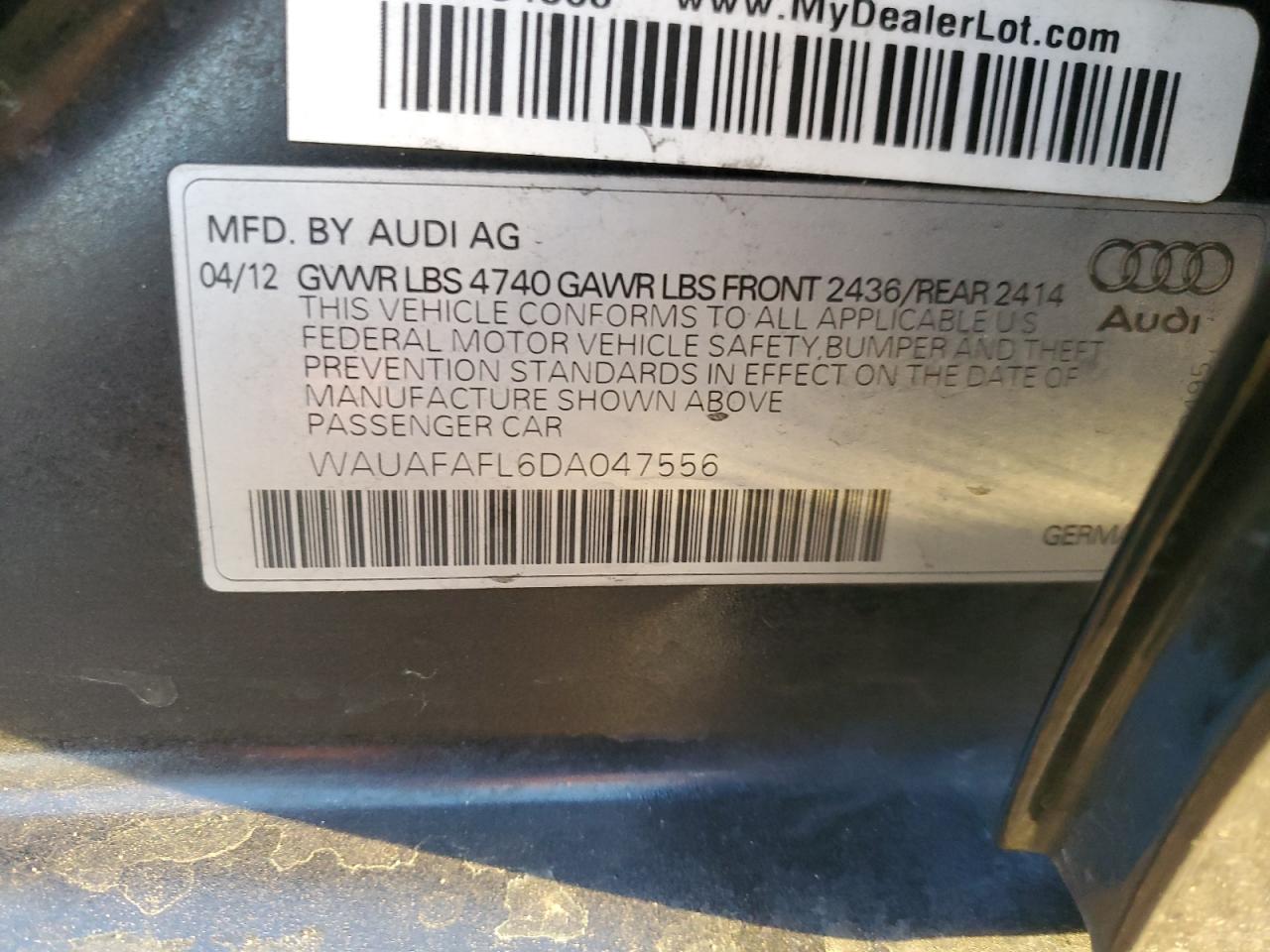 2013 Audi A4 Premium VIN: WAUAFAFL6DA047556 Lot: 85779755