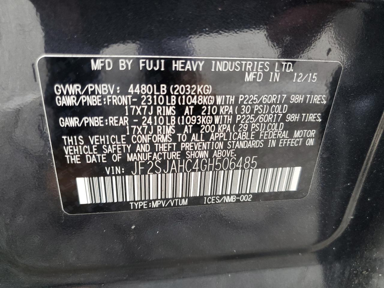 2016 Subaru Forester 2.5I Limited VIN: JF2SJAHC4GH506485 Lot: 82352395