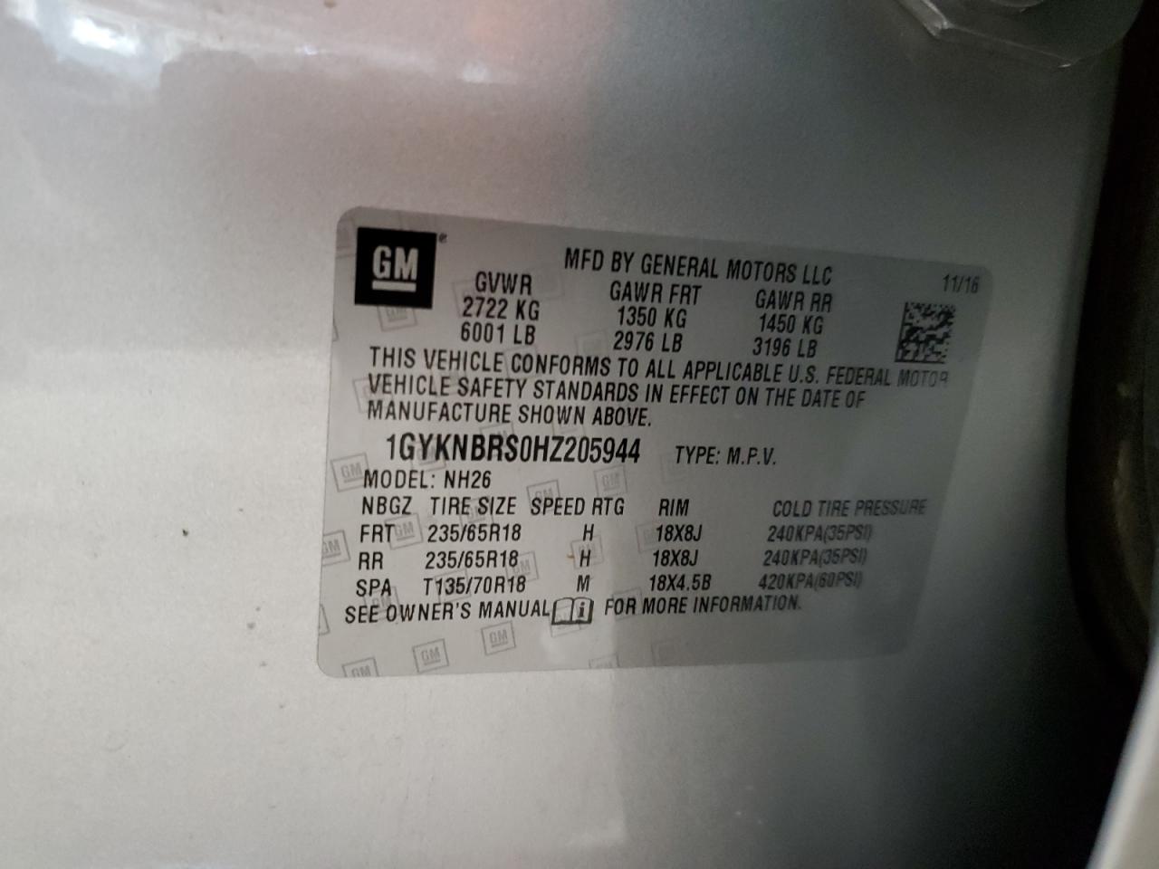 2017 Cadillac Xt5 Luxury VIN: 1GYKNBRS0HZ205944 Lot: 82357075