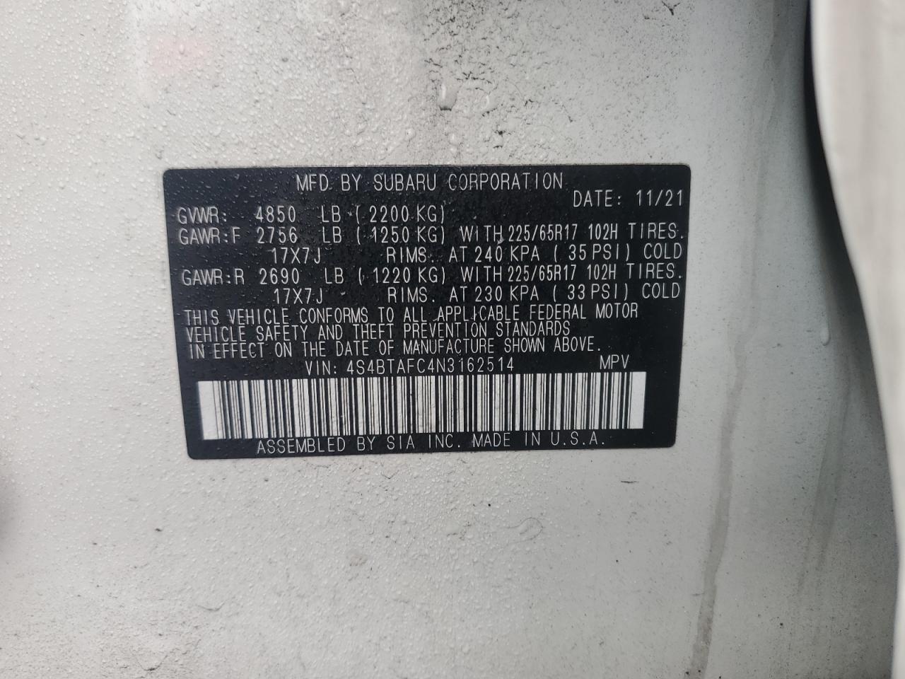 2022 Subaru Outback Premium VIN: 4S4BTAFC4N3162514 Lot: 82420615