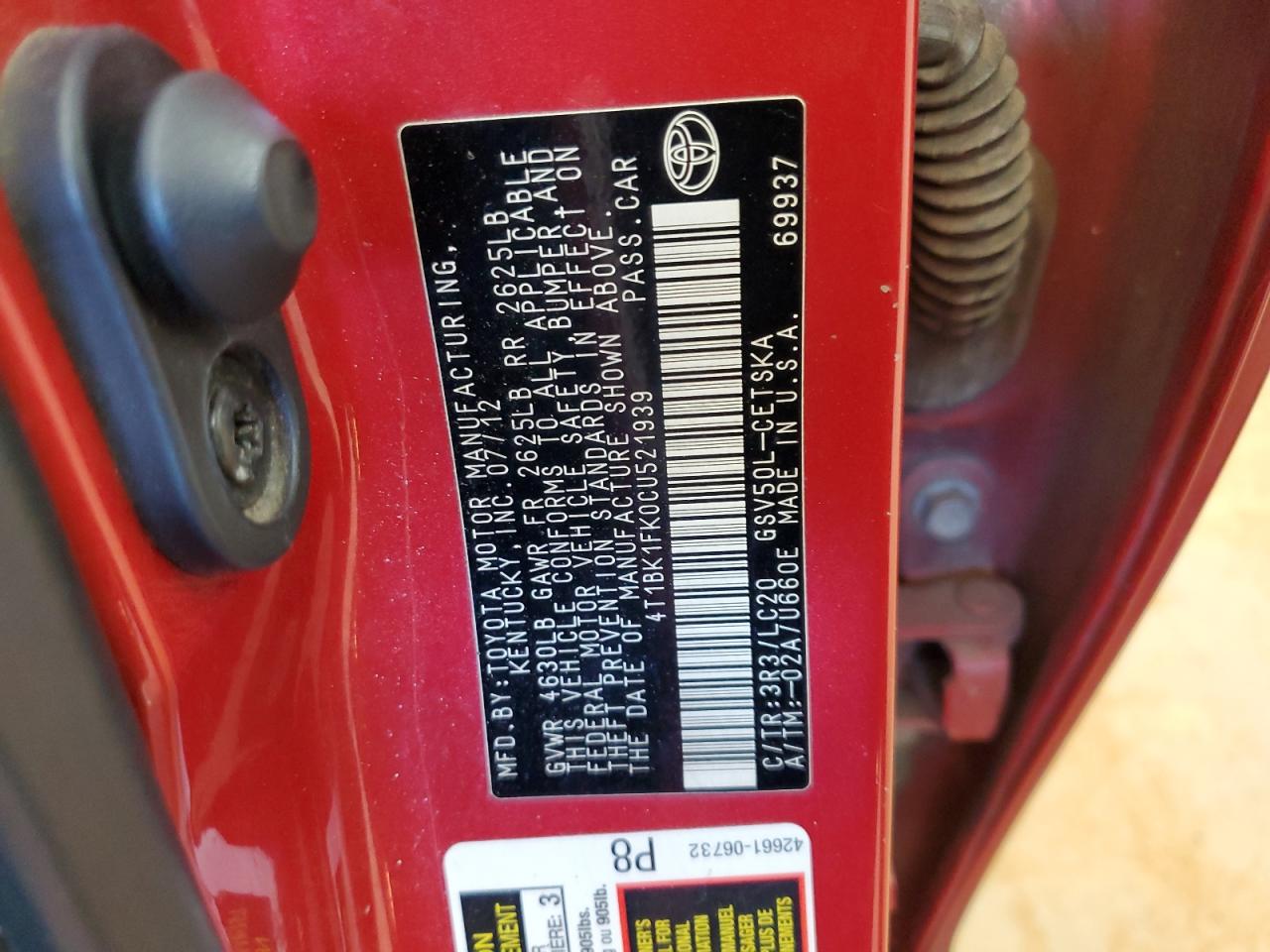 2012 Toyota Camry Se VIN: 4T1BK1FK0CU521939 Lot: 81942665