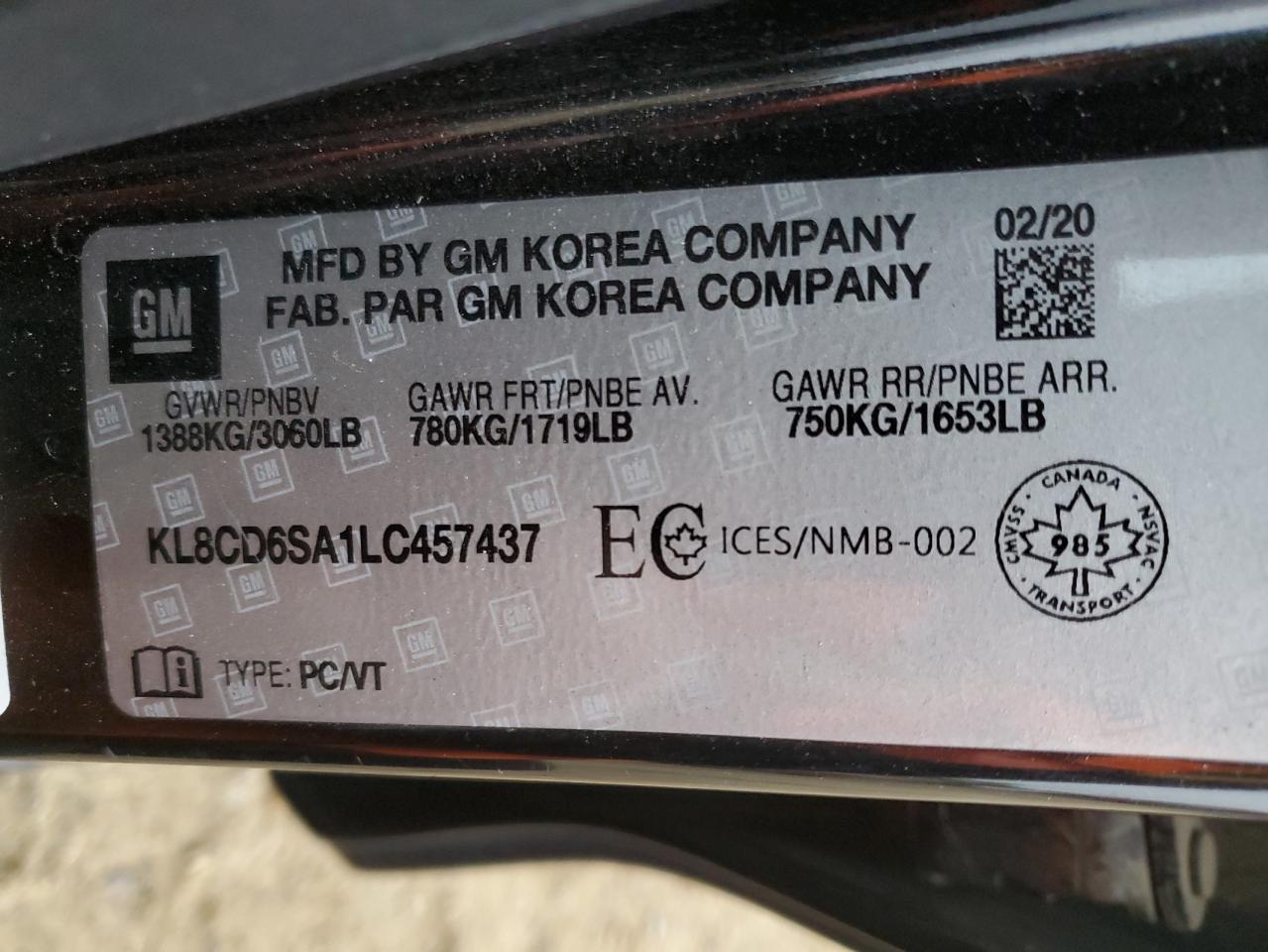 2020 Chevrolet Spark 1Lt VIN: KL8CD6SA1LC457437 Lot: 90349215