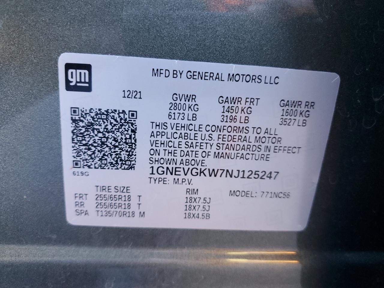 2022 Chevrolet Traverse Lt VIN: 1GNEVGKW7NJ125247 Lot: 82244165