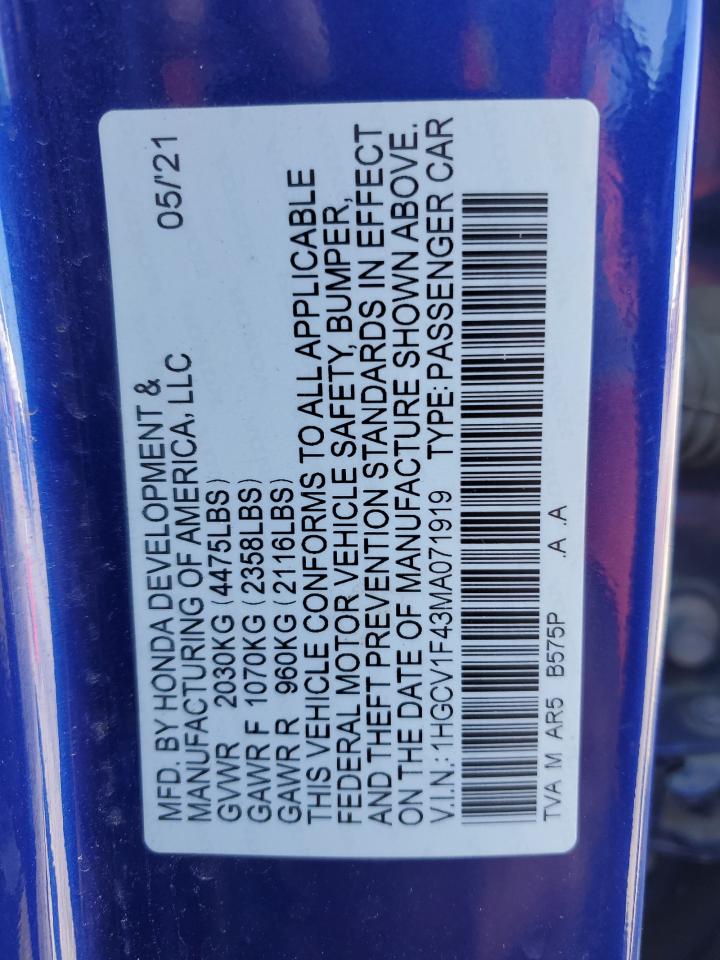 2021 Honda Accord Sport Se VIN: 1HGCV1F43MA071919 Lot: 82257115