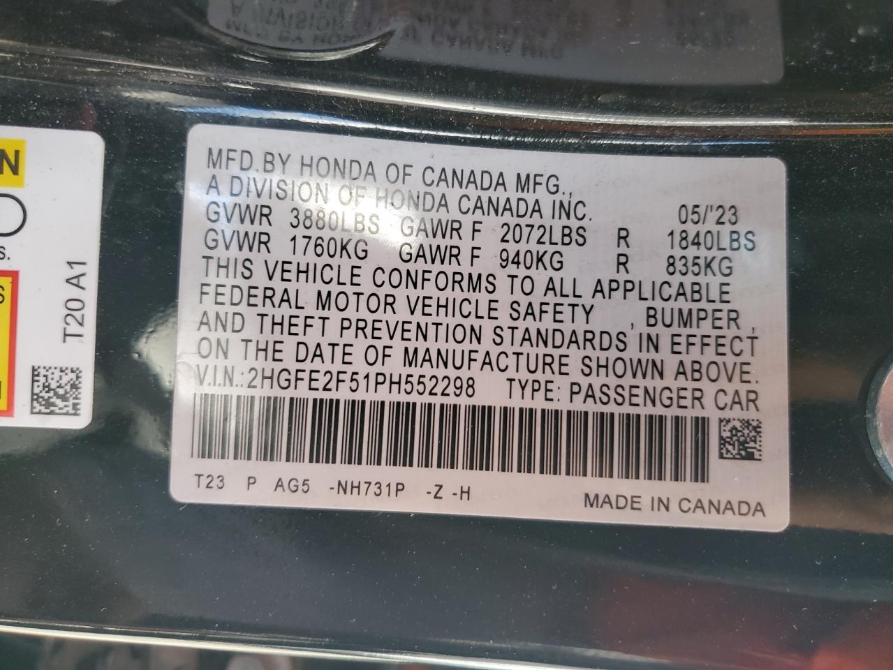 2023 Honda Civic Sport VIN: 2HGFE2F51PH552298 Lot: 85172335