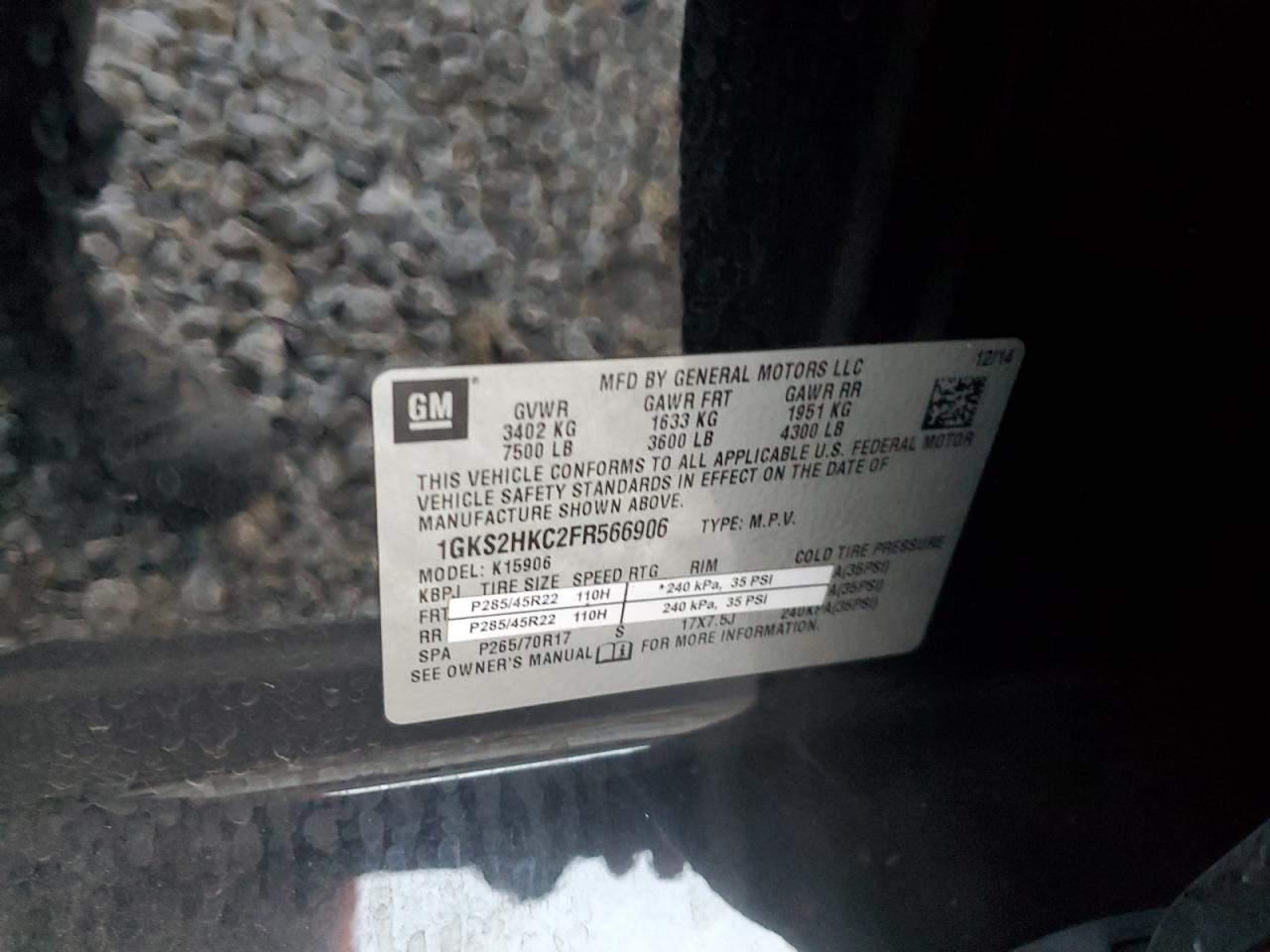 2015 GMC Yukon Xl K1500 Slt VIN: 1GKS2HKC2FR566906 Lot: 85903465