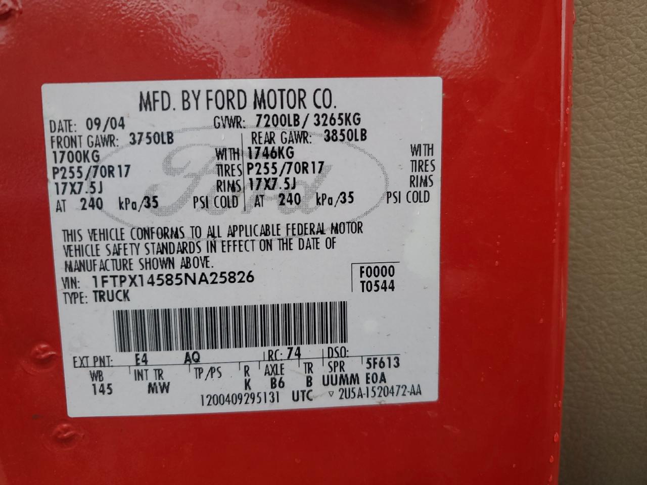 2005 Ford F150 VIN: 1FTPX14585NA25826 Lot: 82778065