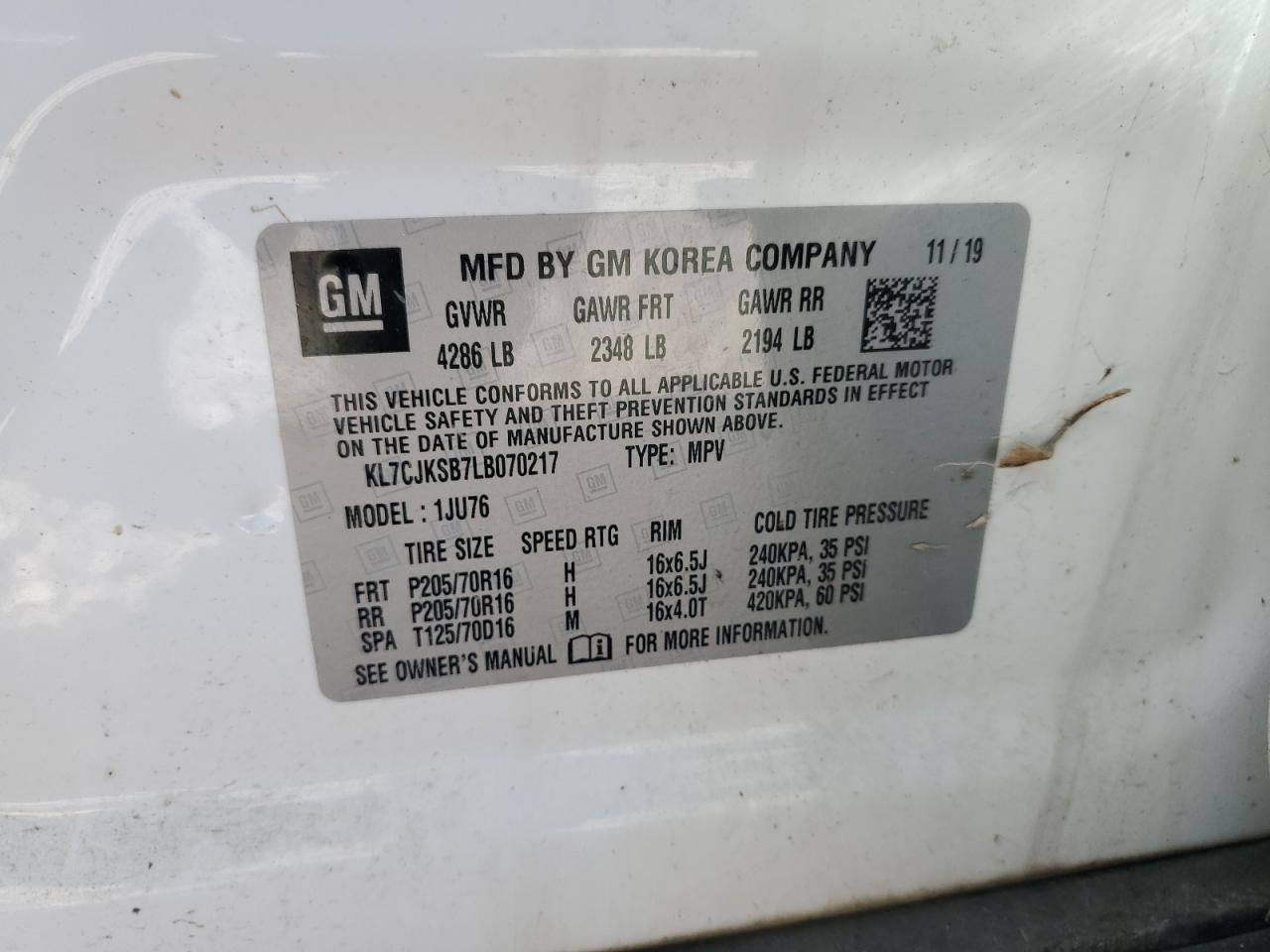 2020 Chevrolet Trax Ls VIN: KL7CJKSB7LB070217 Lot: 85928515