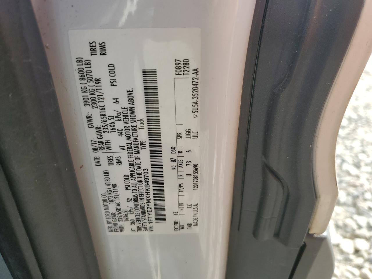 2017 Ford Transit T-150 VIN: 1FTYE2YMXHKB49703 Lot: 86308335