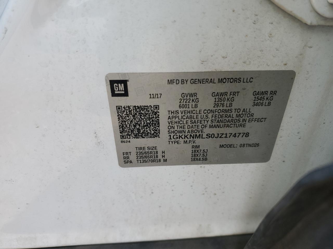 2018 GMC Acadia Slt-1 VIN: 1GKKNMLS0JZ174778 Lot: 84818755