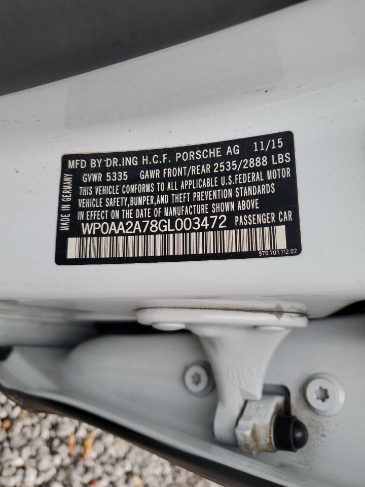 2016 Porsche Panamera 2 VIN: WP0AA2A78GL003472 Lot: 90085255