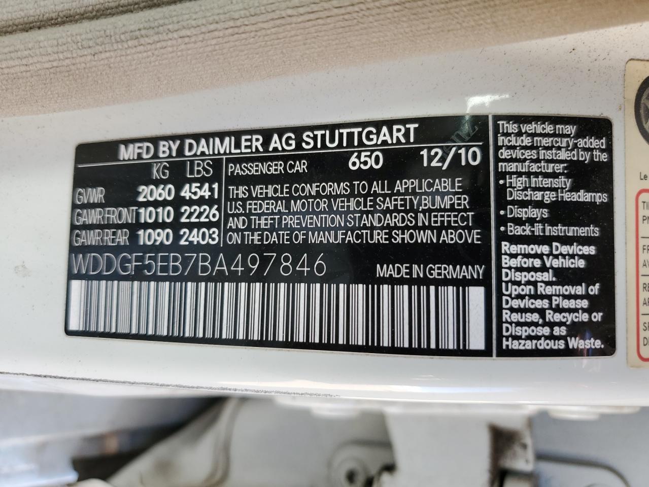 2011 Mercedes-Benz C 300 VIN: WDDGF5EB7BA497846 Lot: 85371395