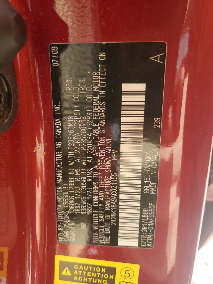 2010 Lexus Rx 350 VIN: 2T2BK1BA9AC021155 Lot: 84865535