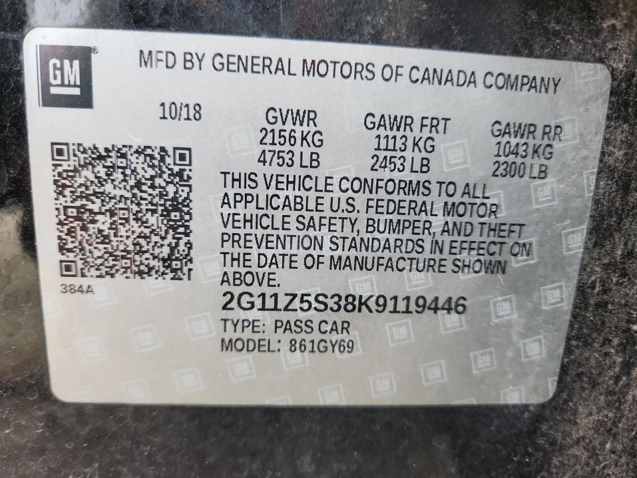 2019 Chevrolet Impala Lt VIN: 2G11Z5S38K9119446 Lot: 82491595