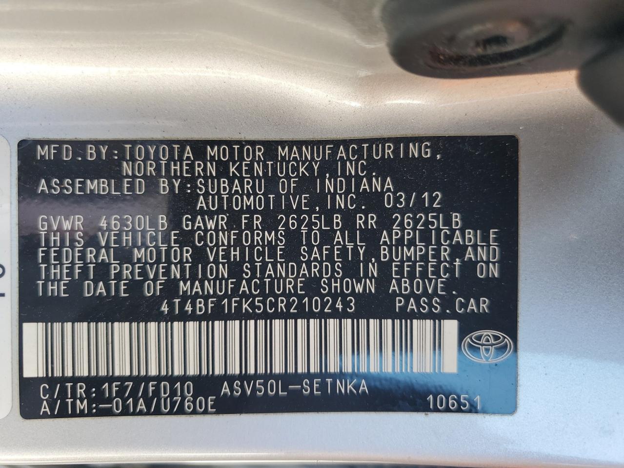 2012 Toyota Camry Base VIN: 4T4BF1FK5CR210243 Lot: 85583535