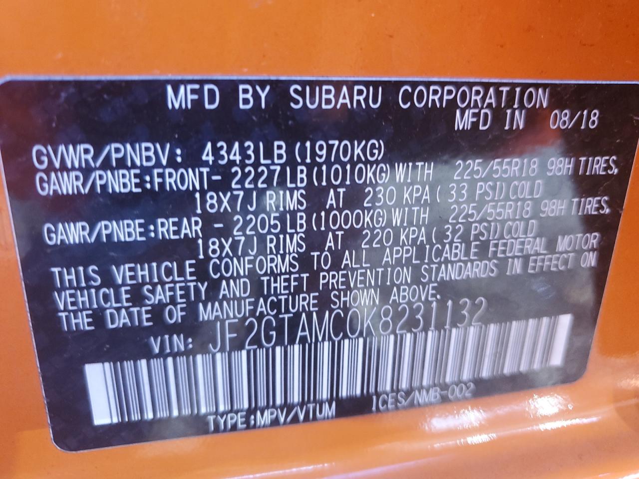 2019 Subaru Crosstrek Limited VIN: JF2GTAMC0K8231132 Lot: 85577475