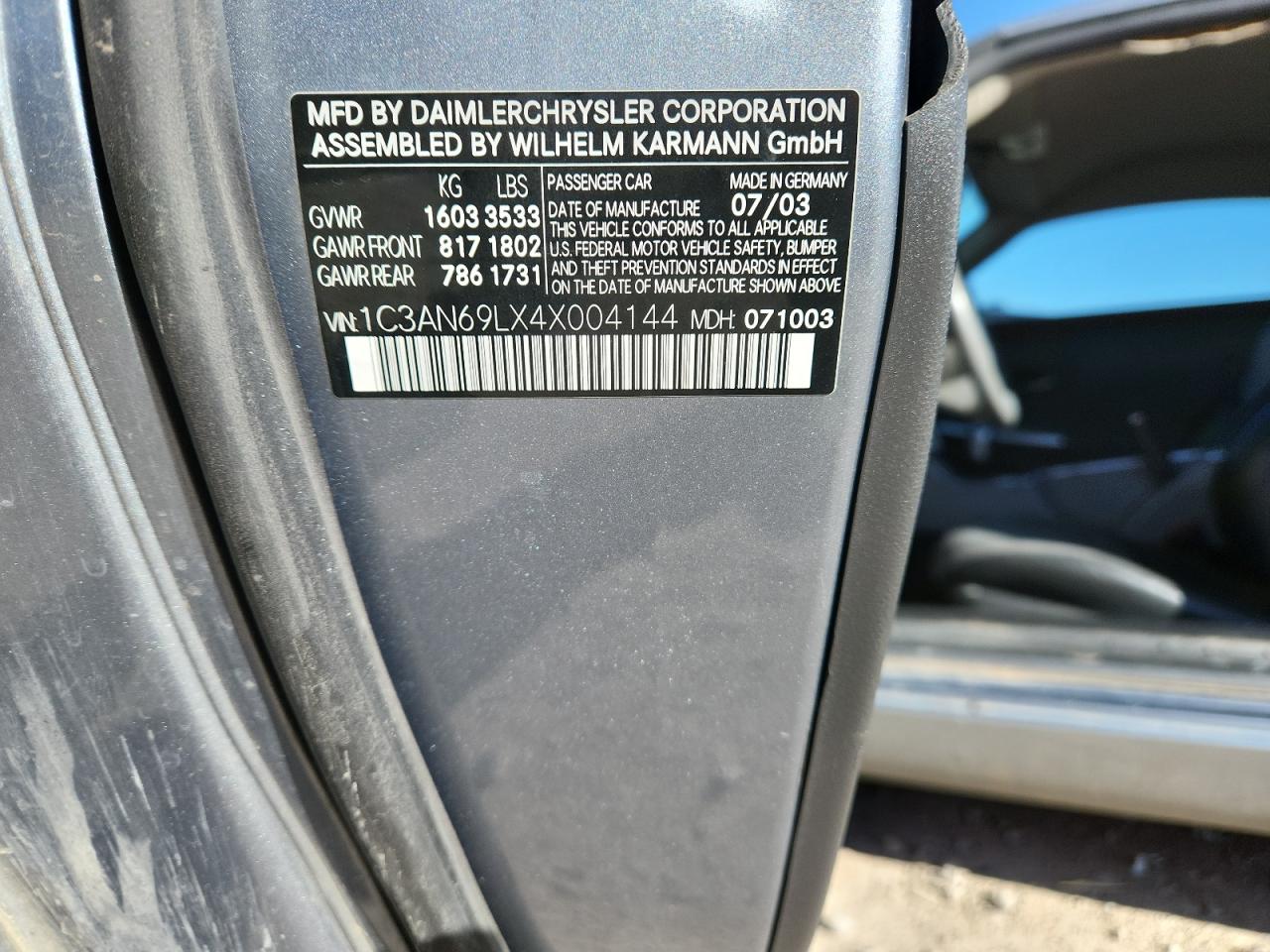 2004 Chrysler Crossfire Limited VIN: 1C3AN69LX4X004144 Lot: 87463005