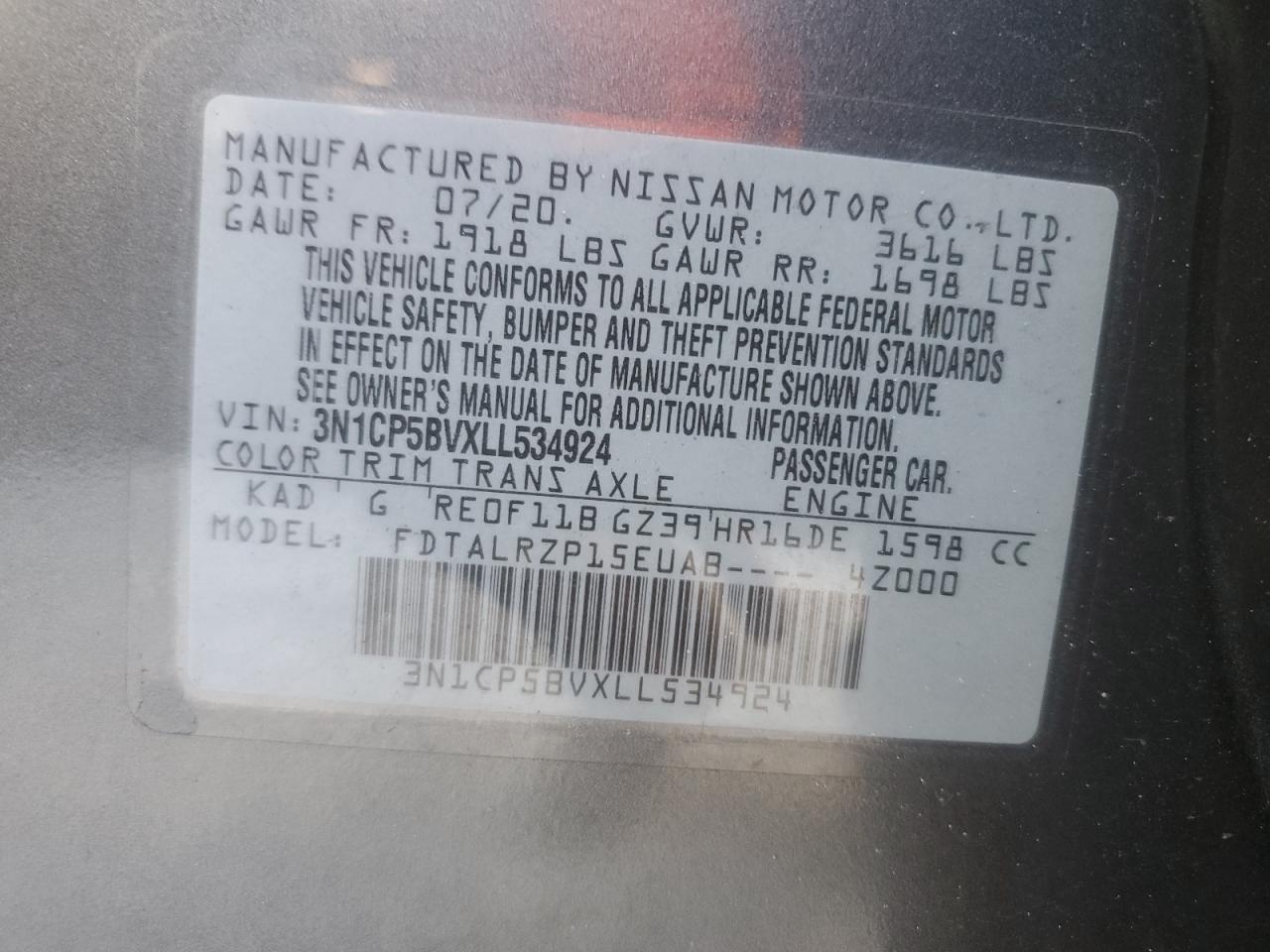 2020 Nissan Kicks S VIN: 3N1CP5BVXLL534924 Lot: 85685885