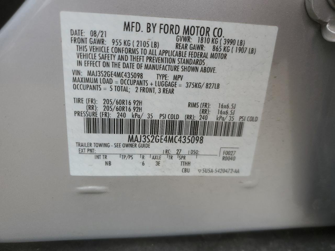 2021 Ford Ecosport Se VIN: MAJ3S2GE4MC435098 Lot: 82197955