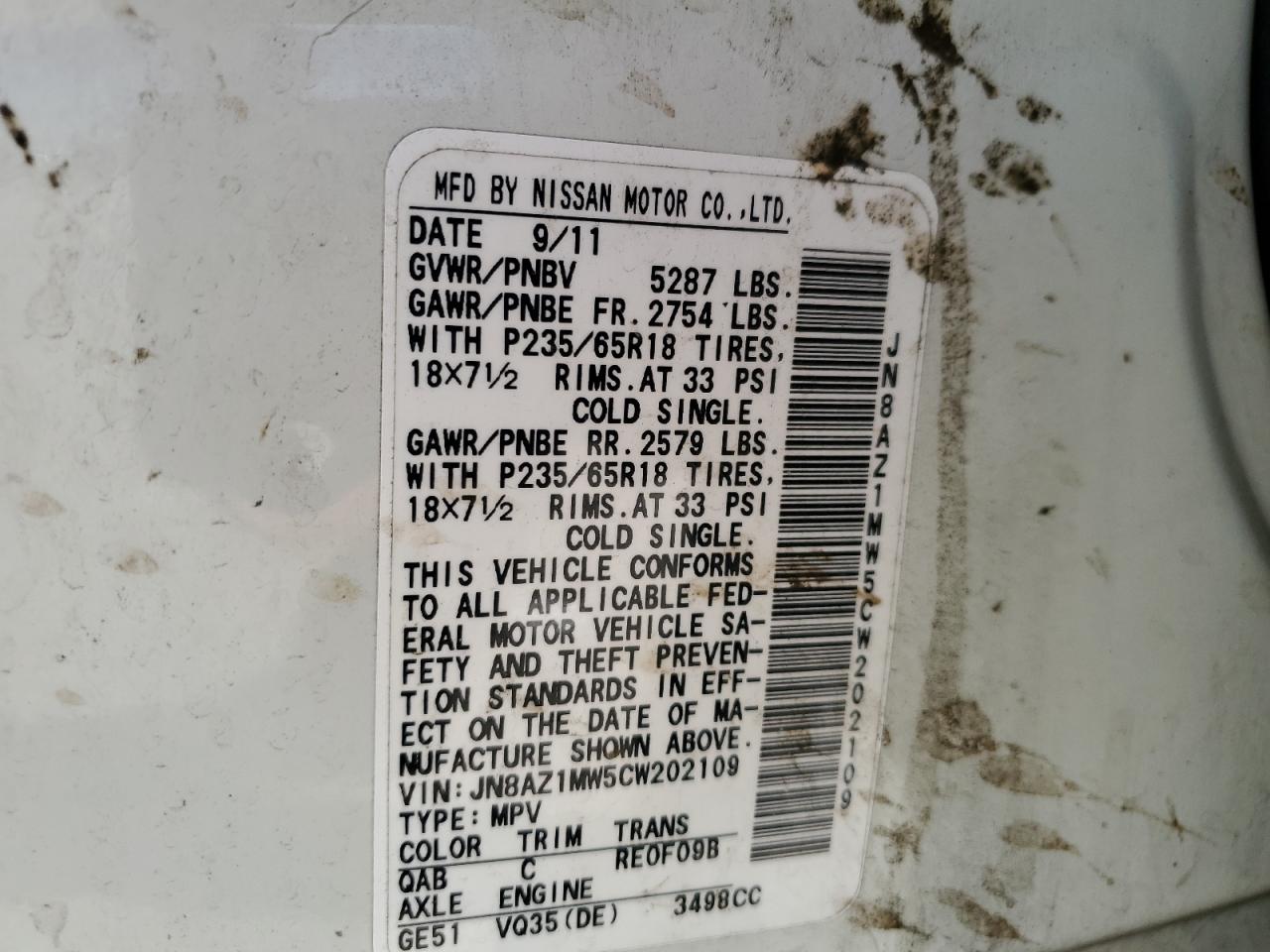 2012 Nissan Murano S VIN: JN8AZ1MW5CW202109 Lot: 86454865