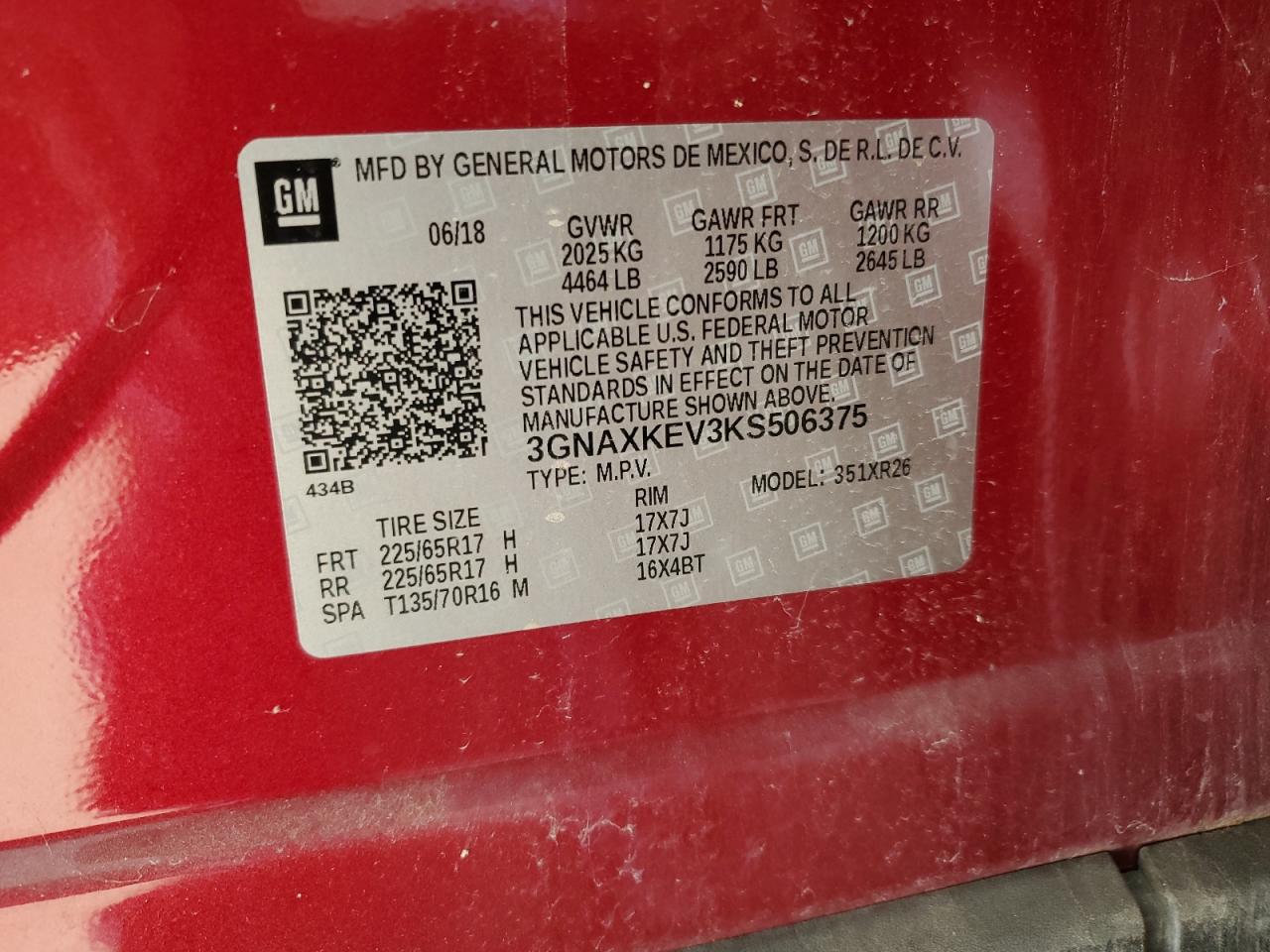 2019 Chevrolet Equinox Lt VIN: 3GNAXKEV3KS506375 Lot: 87023865