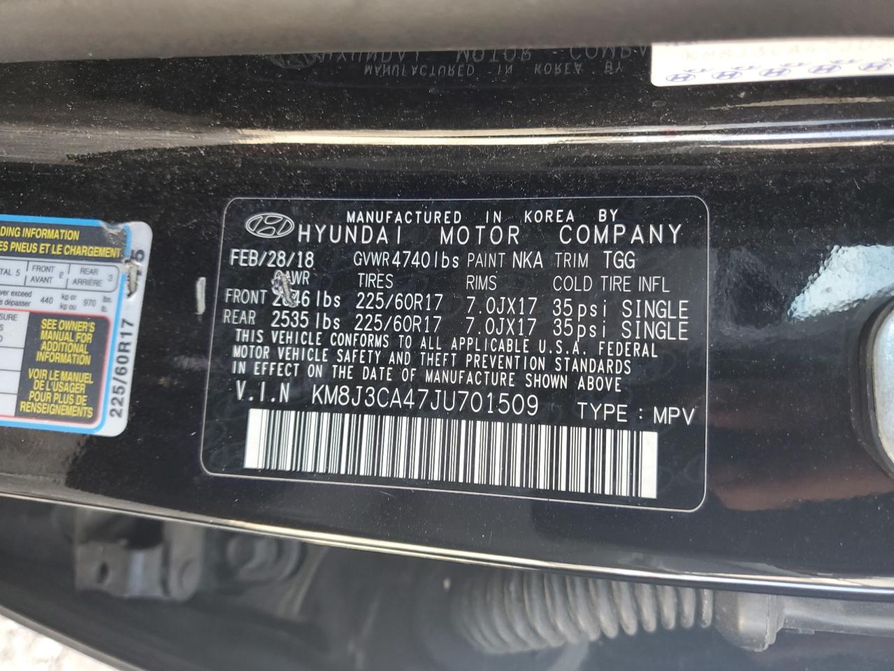 2018 Hyundai Tucson Sel VIN: KM8J3CA47JU701509 Lot: 84879515