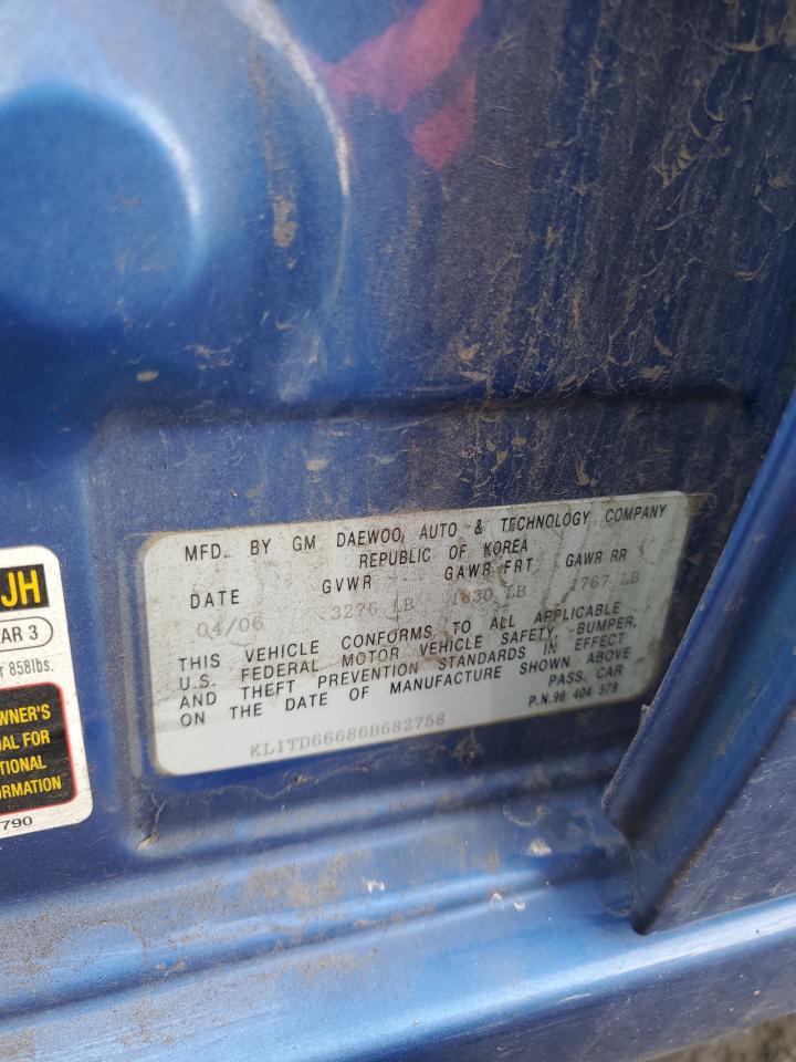 2006 Chevrolet Aveo Base VIN: KL1TD66686B682758 Lot: 90945755