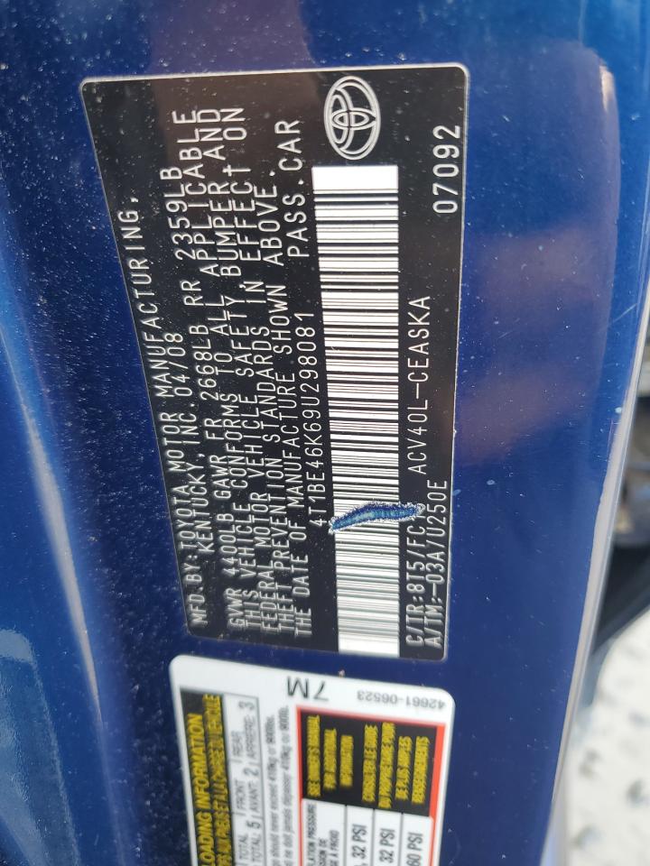 2009 Toyota Camry Base VIN: 4T1BE46K69U298081 Lot: 86258825