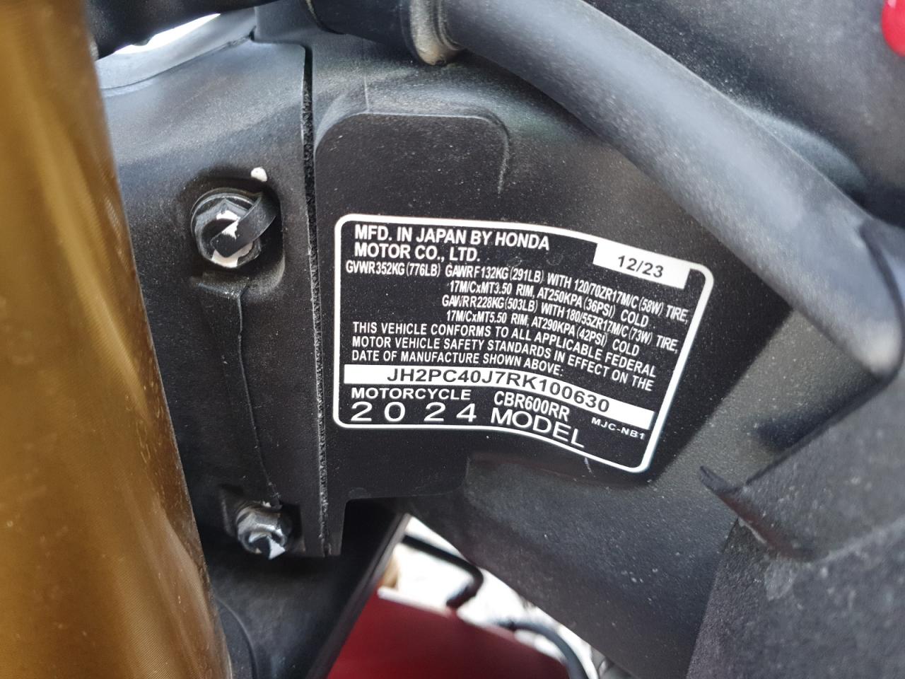 2024 Honda Cbr600 Rr VIN: JH2PC40J7RK100630 Lot: 87246255