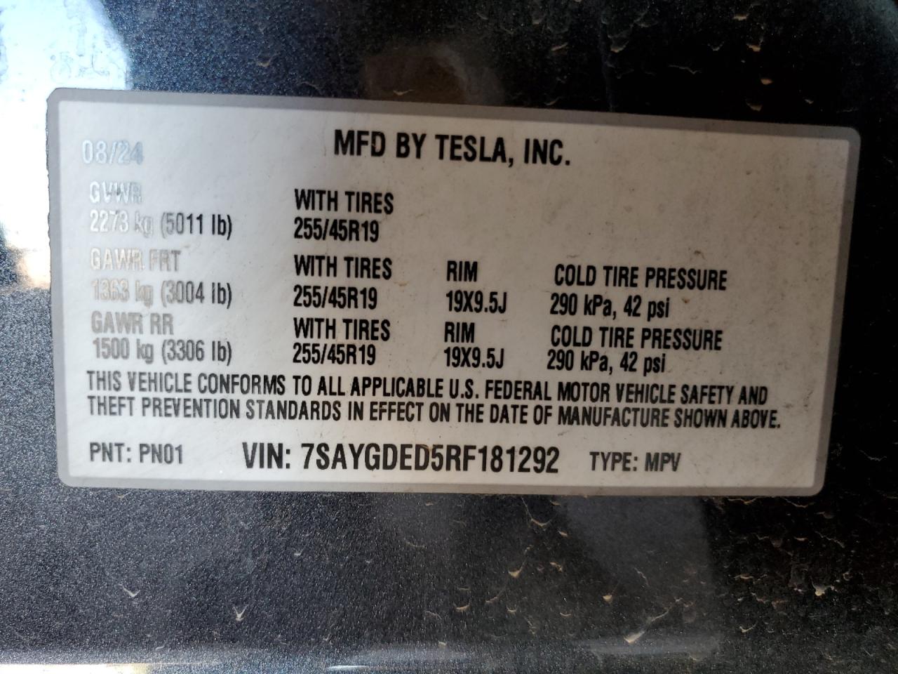 2024 Tesla Model Y VIN: 7SAYGDED5RF181292 Lot: 87040515