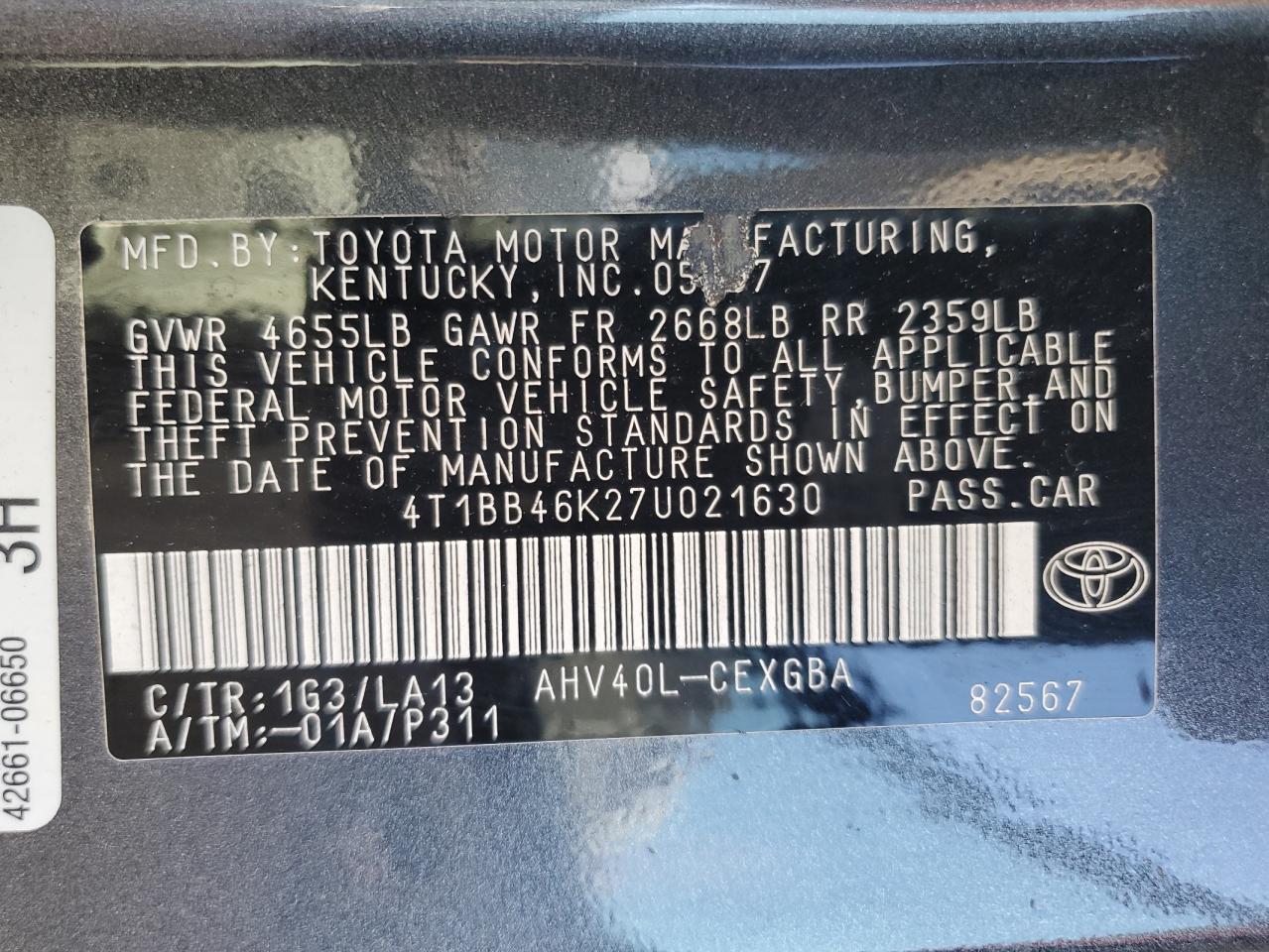 2007 Toyota Camry VIN: 4T1BB46K27U021630 Lot: 81989395