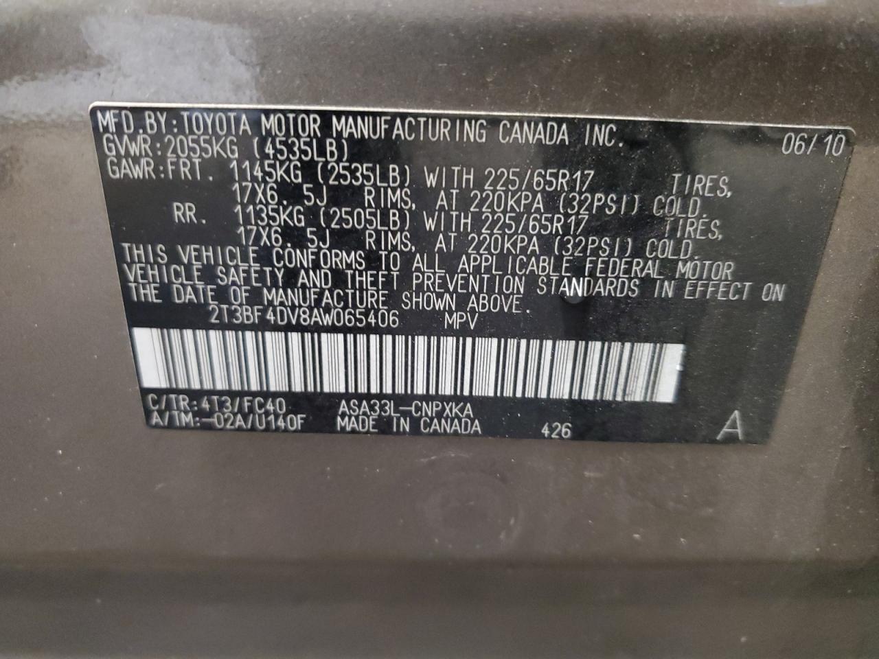 2010 Toyota Rav4 VIN: 2T3BF4DV8AW065406 Lot: 86303575